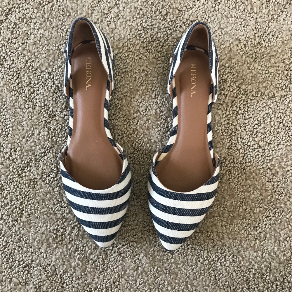 size 7 flats dark denim blue white stripe merona